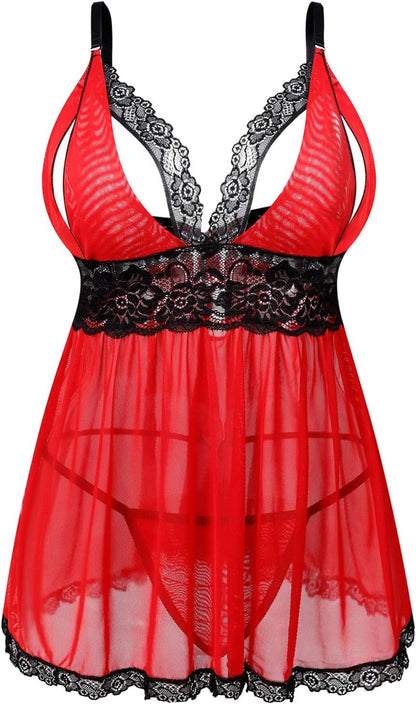 Deep V-Neck Erotic Pajamas Sexy Lingerie with Flower Lace Sleep Dress