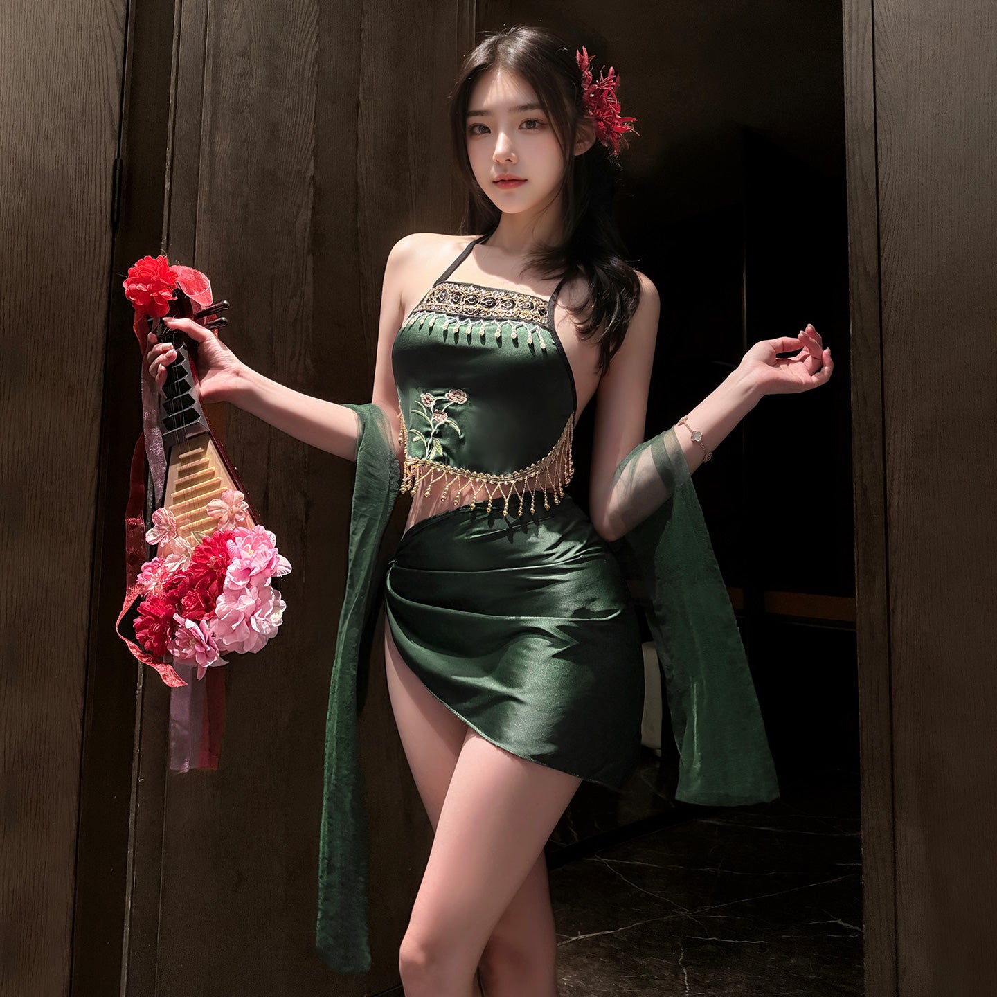 Satin Embroidered Bellyband Sexy Lingerie Set