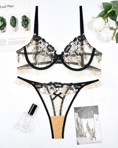 Sheer Mesh Trim Underwire Bra Panty Sets
