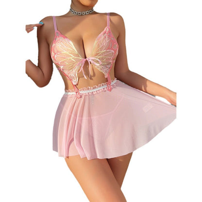 Sexy French Pajamas Water-soluble Butterfly See-through Backless Two-Piece Lingerie Set
