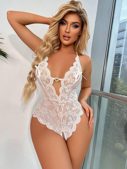 Floral Lace Trim Sheer Teddy Bodysuit