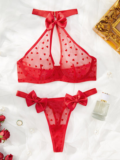 Love Sheer Mesh Sexy Girl's Underwear Bow Sexy Two-Piece Suit