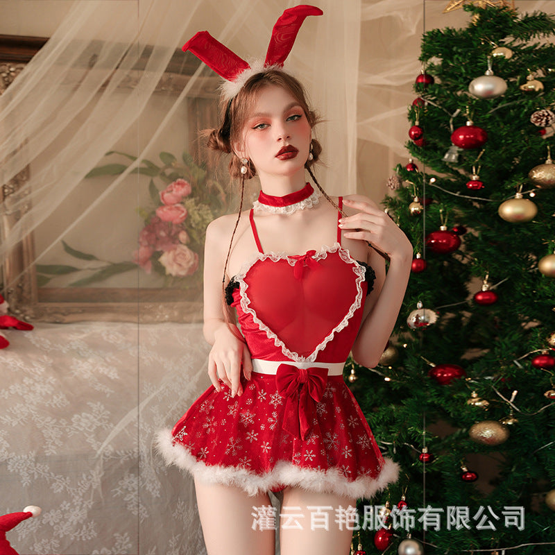 Sexy Sling Christmas Dress Heart-shaped Dress Uniform Temptation Erotic Set