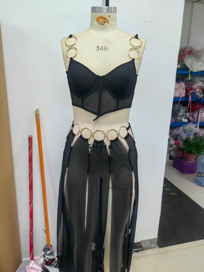 Sheer Mesh Metal Ring Embellished Slit Skirt Set