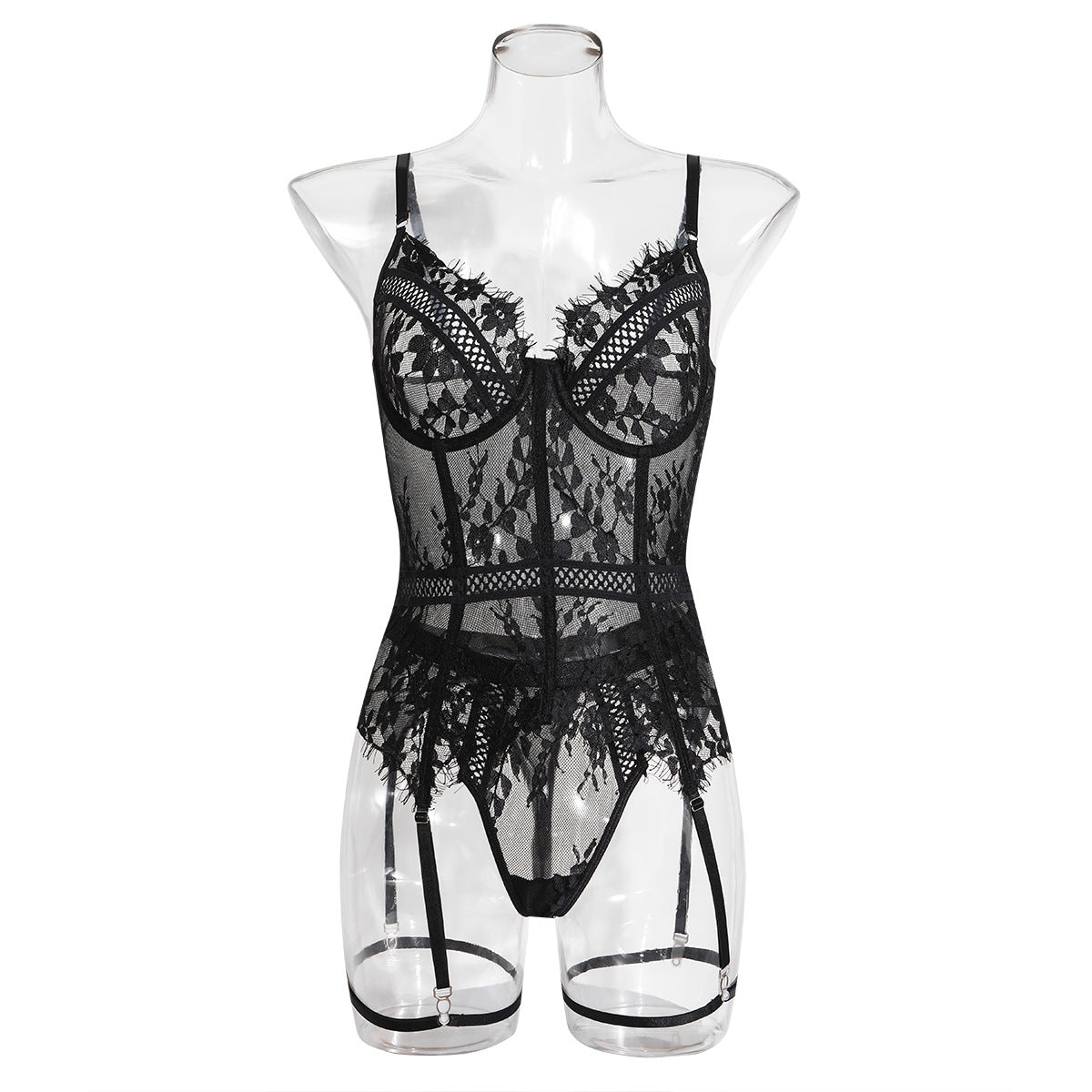 Lace Flower Pattern See-through One-piece Sexy Underwear Set