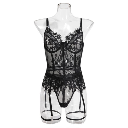 Lace Flower Pattern See-through One-piece Sexy Underwear Set