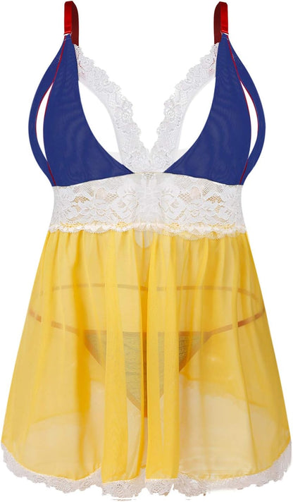 Deep V-Neck Erotic Pajamas Sexy Lingerie with Flower Lace Sleep Dress