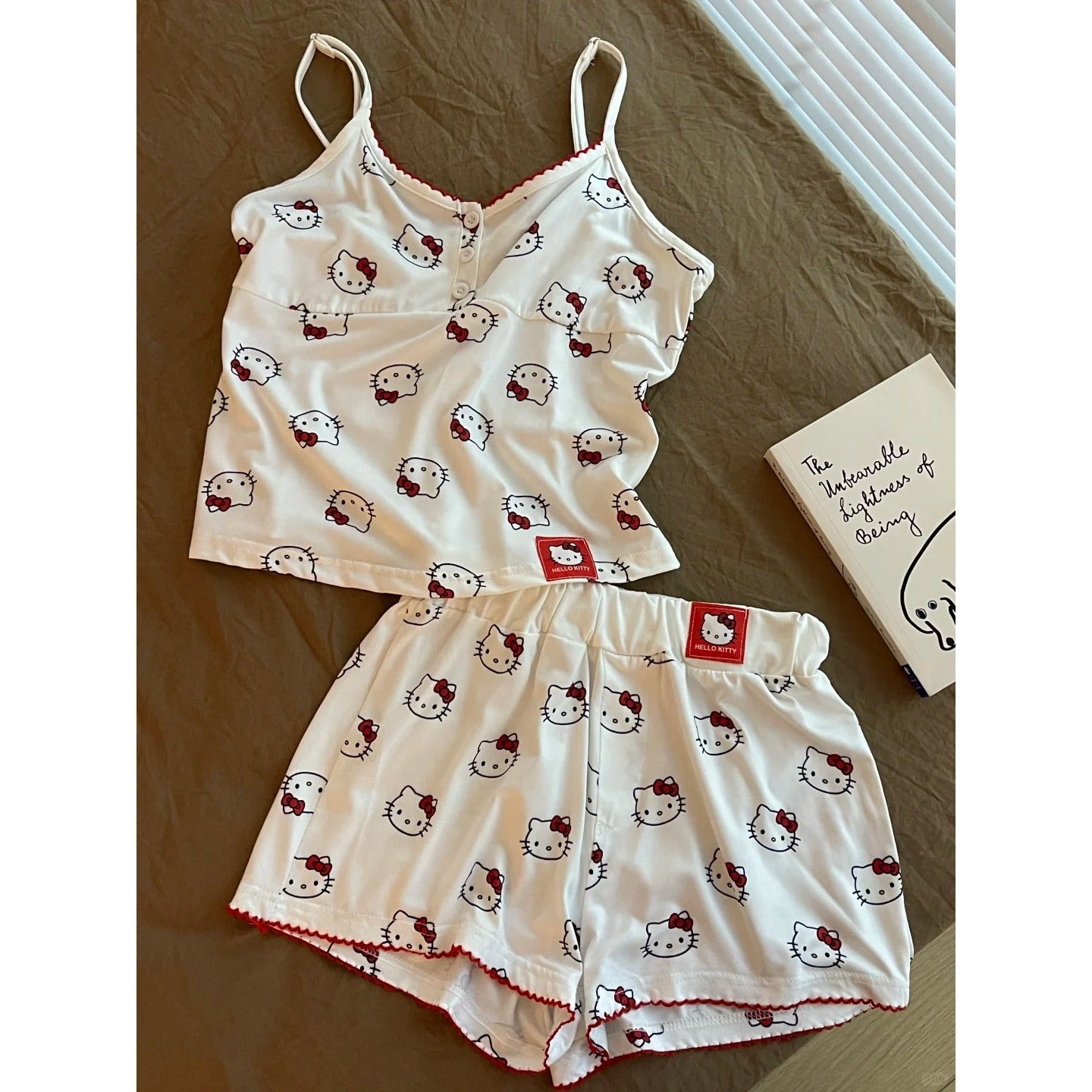 Kitten Print Suspender Sexy Pajama Shorts Set