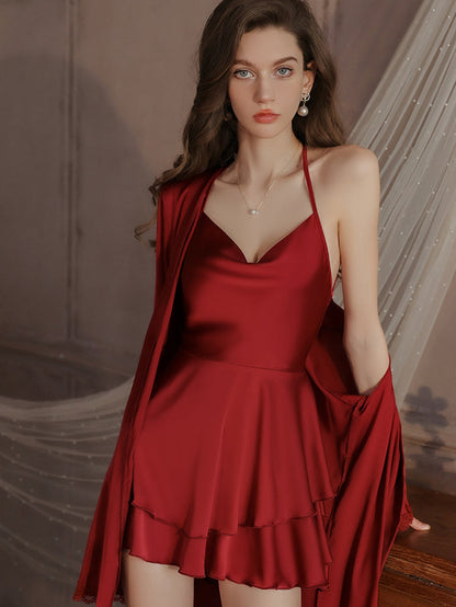 Ruffled Hem Cross-strap Satin Camisole Nightdress