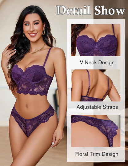 Women's Exquisite 2-Piece Lace Lingerie Set V-Neck Corset Tops Bra PantyNightwear