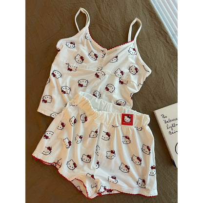 Kitten Print Suspender Sexy Pajama Shorts Set