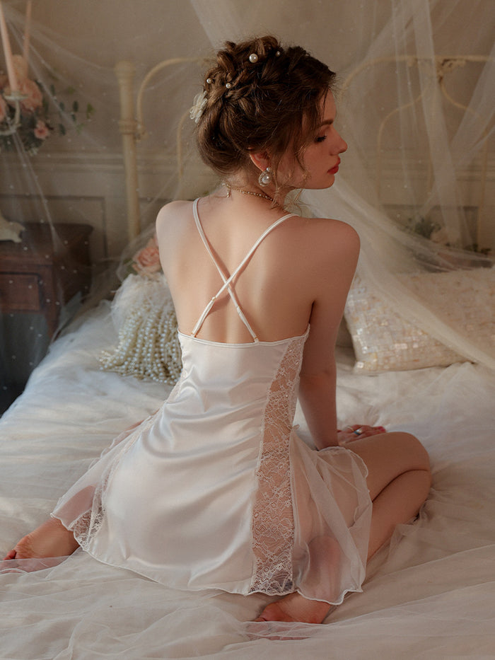 Deep V Lace Satin Slip Chemise With Thong