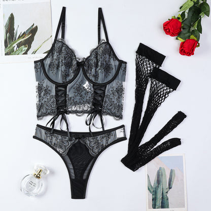 Three-Piece Set of Three-Dimensional Embroidery Embroidery Sexy Crossover Lace up