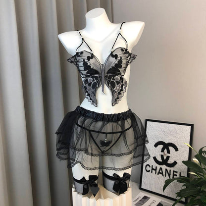 Butterfly Pearl Sheer Lingerie Set with Tutu Skirt