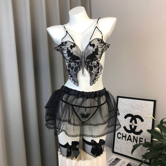 Butterfly Pearl Sheer Lingerie Set with Tutu Skirt