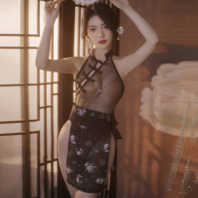 Ancient Style Floral Sheer Mesh Cheongsam Bodysuit
