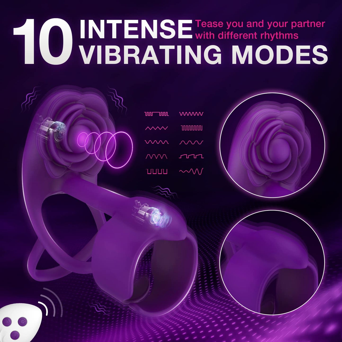 Quusvik - 3 IN 1 Vibrating Rose Penis Ring with 10 Vibration