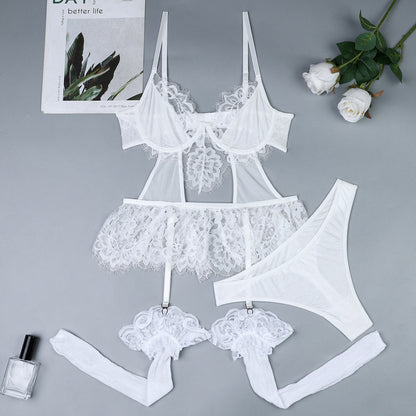 White Lace Mesh Stockings Hollow out Stitching Cute Suspenders Three-Piece Set
