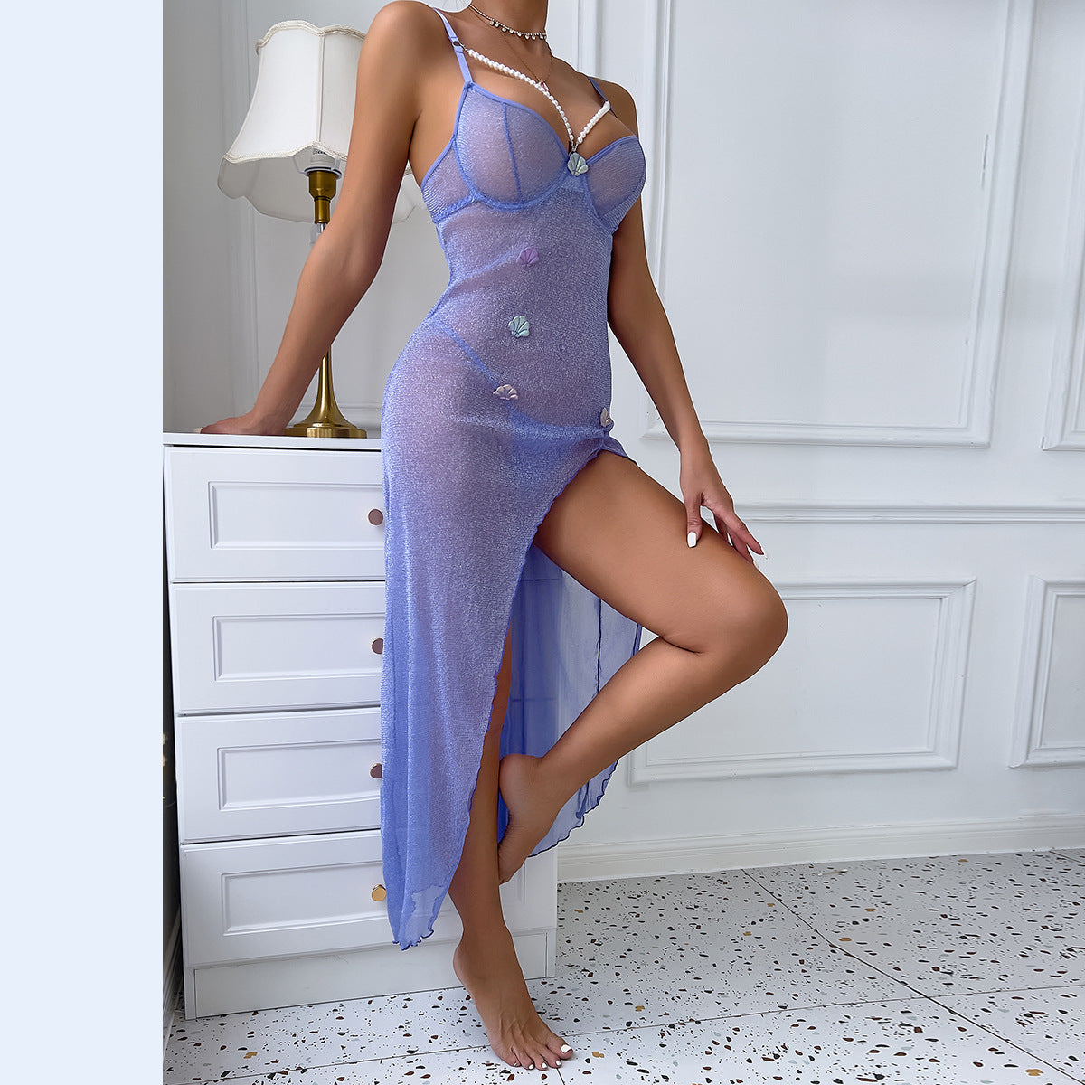 Shell Purple Romantic High Waist Slit Open-Leg Sexy Suspender Dress