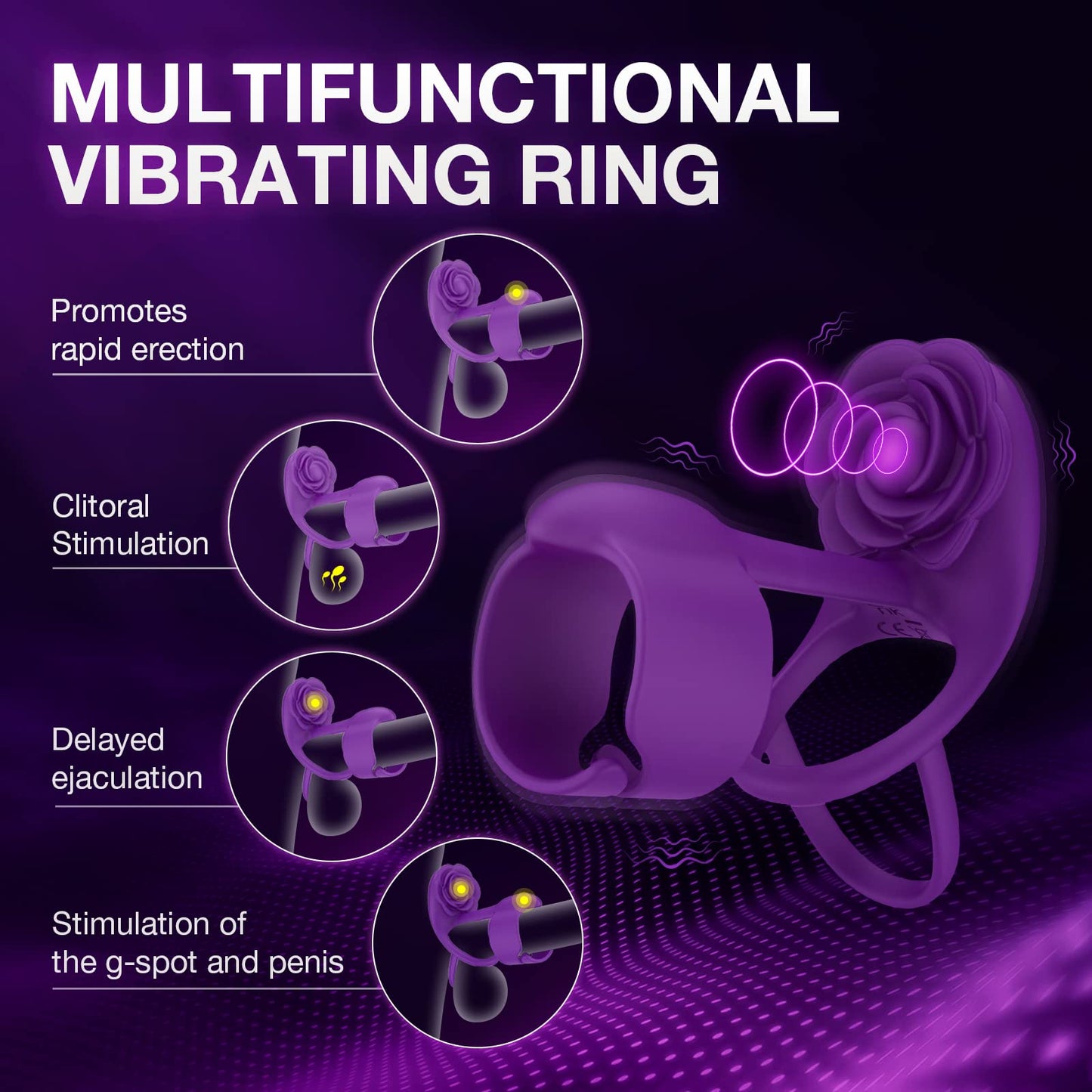 Quusvik - 3 IN 1 Vibrating Rose Penis Ring with 10 Vibration