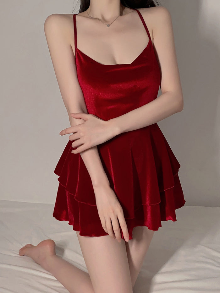 Velvet Layered Suspenders Sexy Nightdress