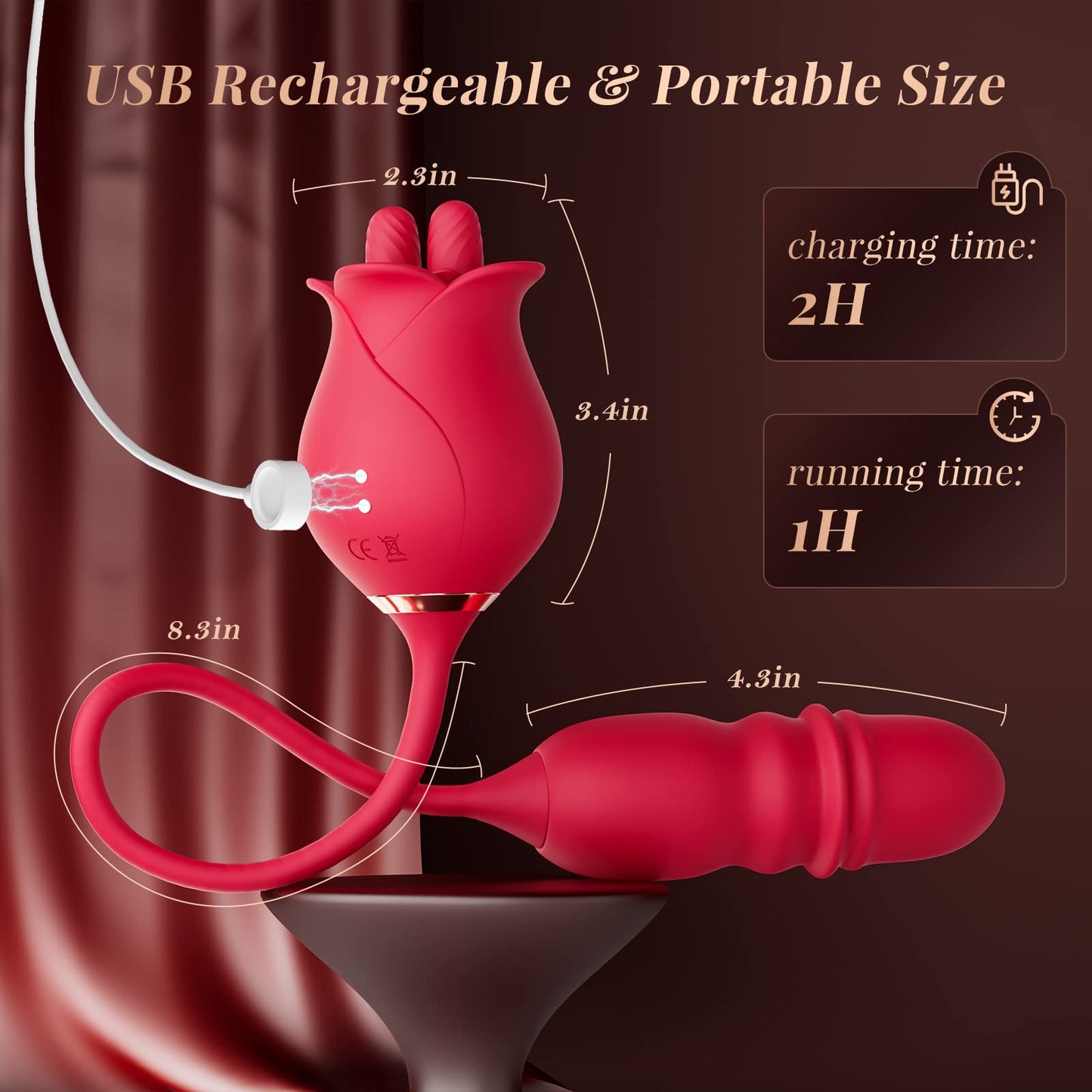 Quusvik - Rose Romeo 3in1 Dual Tongue Rose Adult Toys Vibrators with 10 Licking & 10 Thrust, Clitoral Nipple Anal G Spot Vibrator