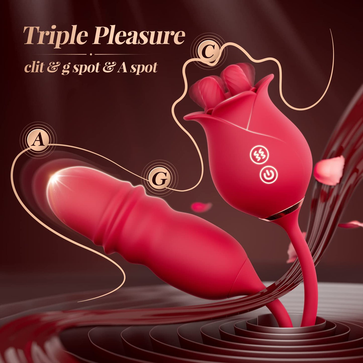 Quusvik - Rose Romeo 3in1 Dual Tongue Rose Adult Toys Vibrators with 10 Licking & 10 Thrust, Clitoral Nipple Anal G Spot Vibrator