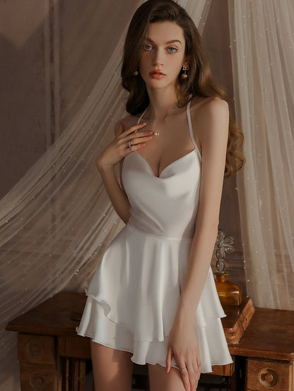 Ruffled Hem Cross-strap Satin Camisole Nightdress