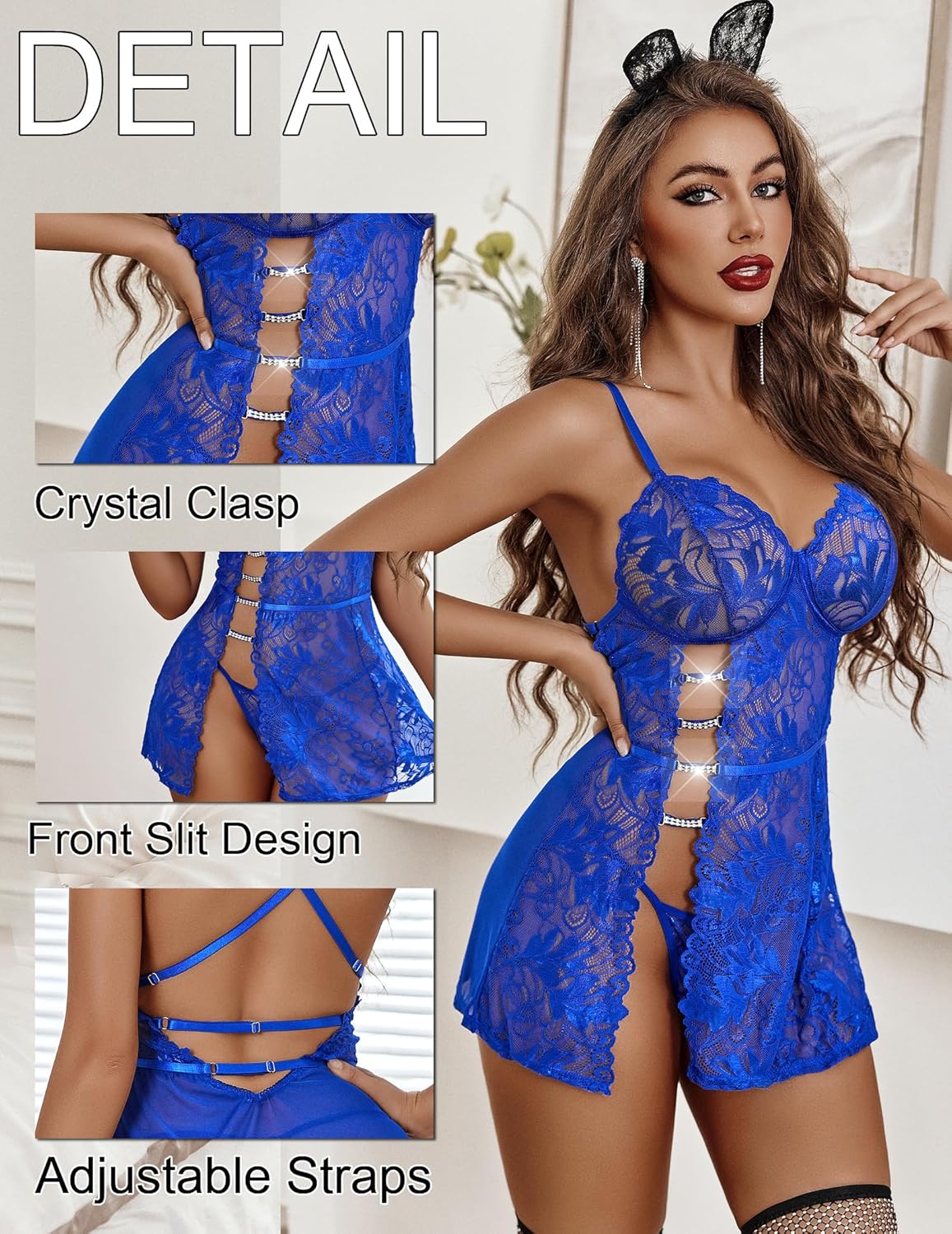 Women's Charming Lace Babydoll Lingerie Set Cute Dress with Thongs Chemise