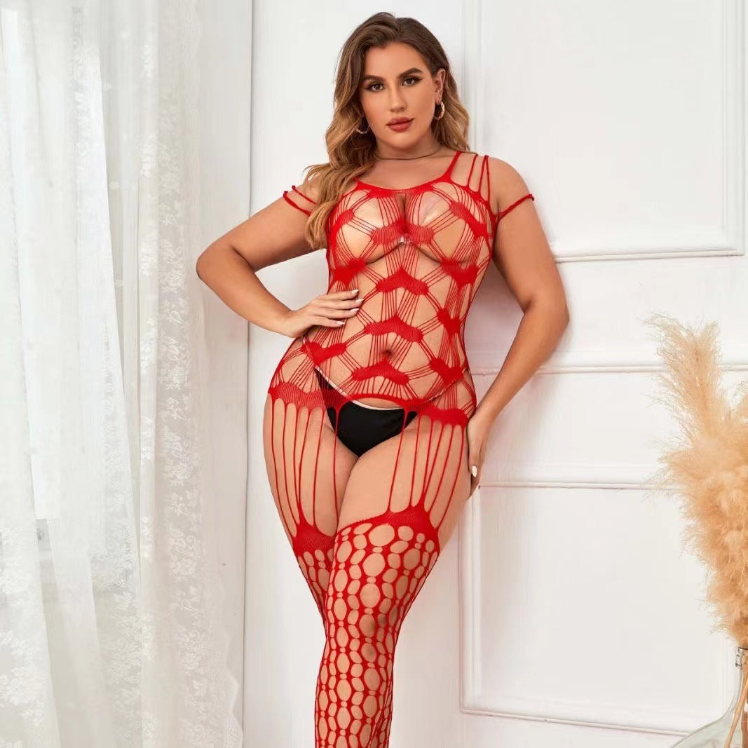 Plus Size Sexy See-through Love Pattern Free off Garter Mesh Bodysuit