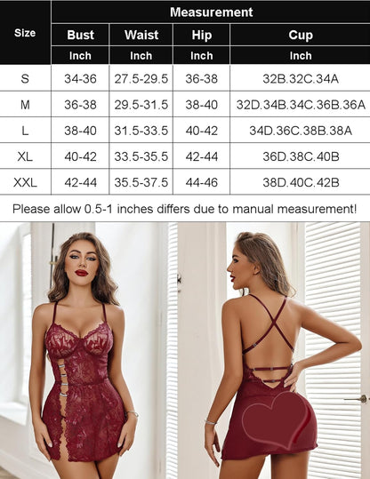 Women's Charming Lace Babydoll Lingerie Set Cute Dress with Thongs Chemise