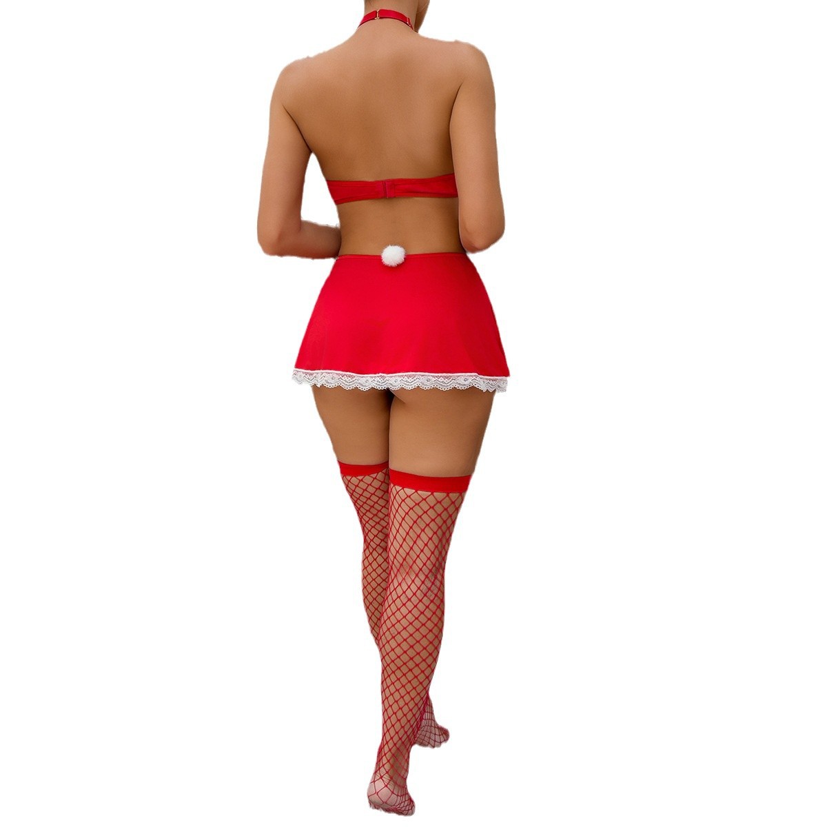 Christmas Red Maid Outfit Halter-neck Heart-shaped Hollow-out Sexy Erotic Four-piece Set