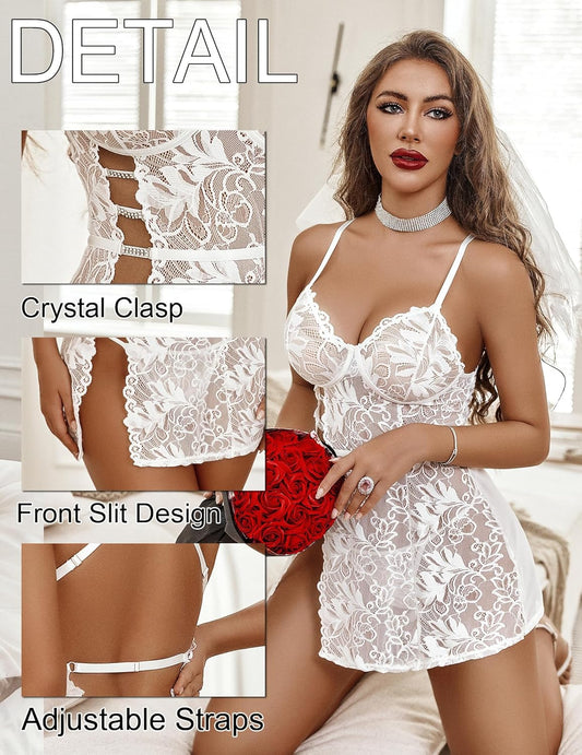 Women's Charming Lace Babydoll Lingerie Set Cute Dress with Thongs Chemise