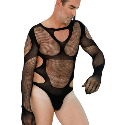 Mens Hollow Out See Through Sexy Mesh Bodysuit