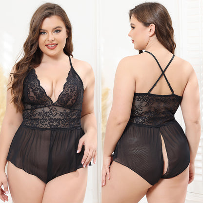Lingerie Plus Size Jumpsuit with Perspective Opening, Sexy and Seductive Jumpsuit Set