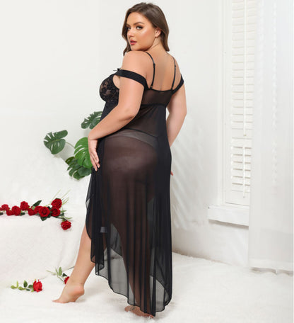 See-through off-the-Shoulder Pajamas Suit Sexy Transparent Lace Long Dress