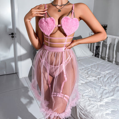 Pink Plush Heart Bra Sheer Mesh Nightdress Set