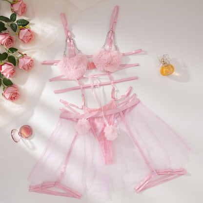 Mesh Strap Stitching Love Pompon Lace One-Piece Skirt