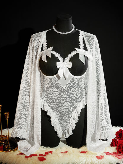 Plus Size Lace Sheer Bow Bodysuit & Lace Robe Set