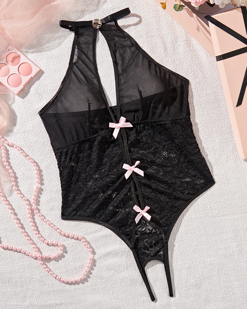 Hollow Bow Mesh Crotchless Bodysuits