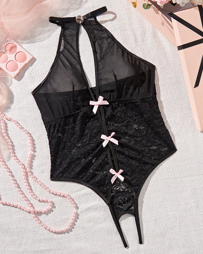 Hollow Bow Mesh Crotchless Bodysuits
