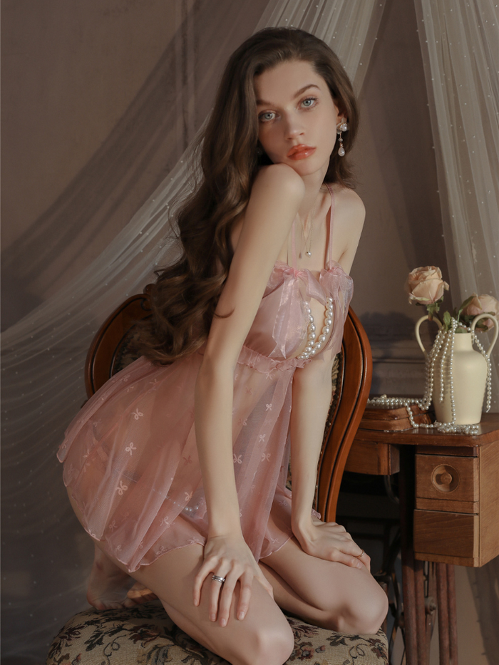 Lace See-Through Pearl Strap Sexy Nightdress