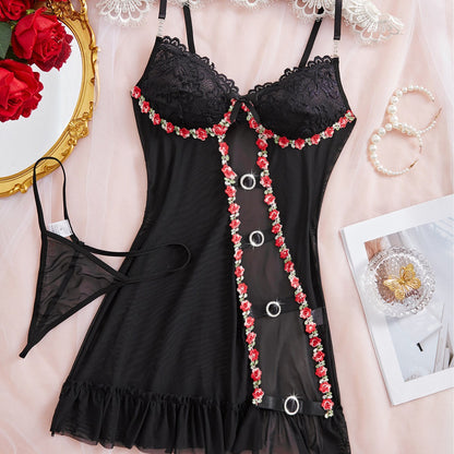 Sexy Strap Hollow Sheer Suspender Dress With Thong Set