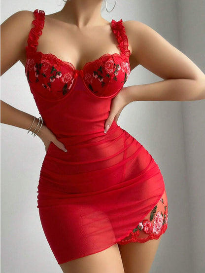 Deep V Sheer Suspender Printed Dress Set