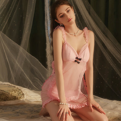 Sexy See-through Pink Plaid Mesh Slip Dress Set With Bra Pads