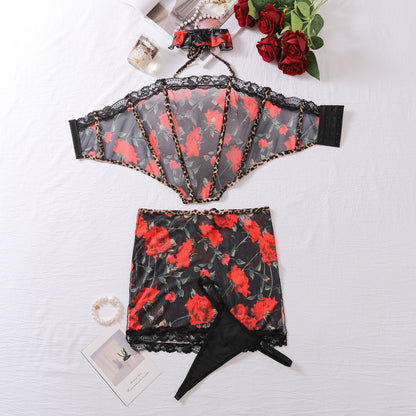 Sexy Slimming Comfortable Mesh Printed Erotic Lingerie Underpants Four-Piece Set