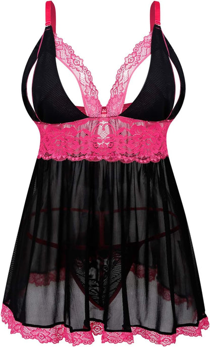 Deep V-Neck Erotic Pajamas Sexy Lingerie with Flower Lace Sleep Dress