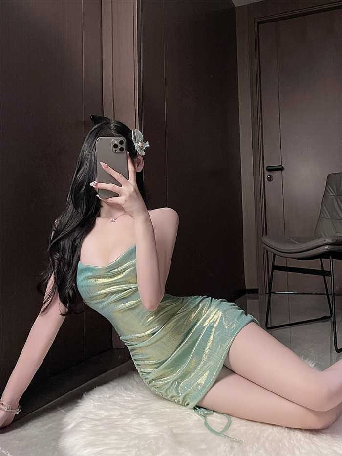 Ruched Metallic Halter Slip Dress Set