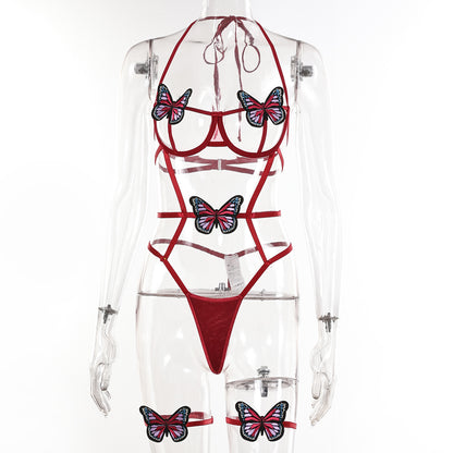 Lace Sling Halter-neck Strapped Patchwork Contrast-color Bowknot Hollow-out Backless Erotic Bodysuit