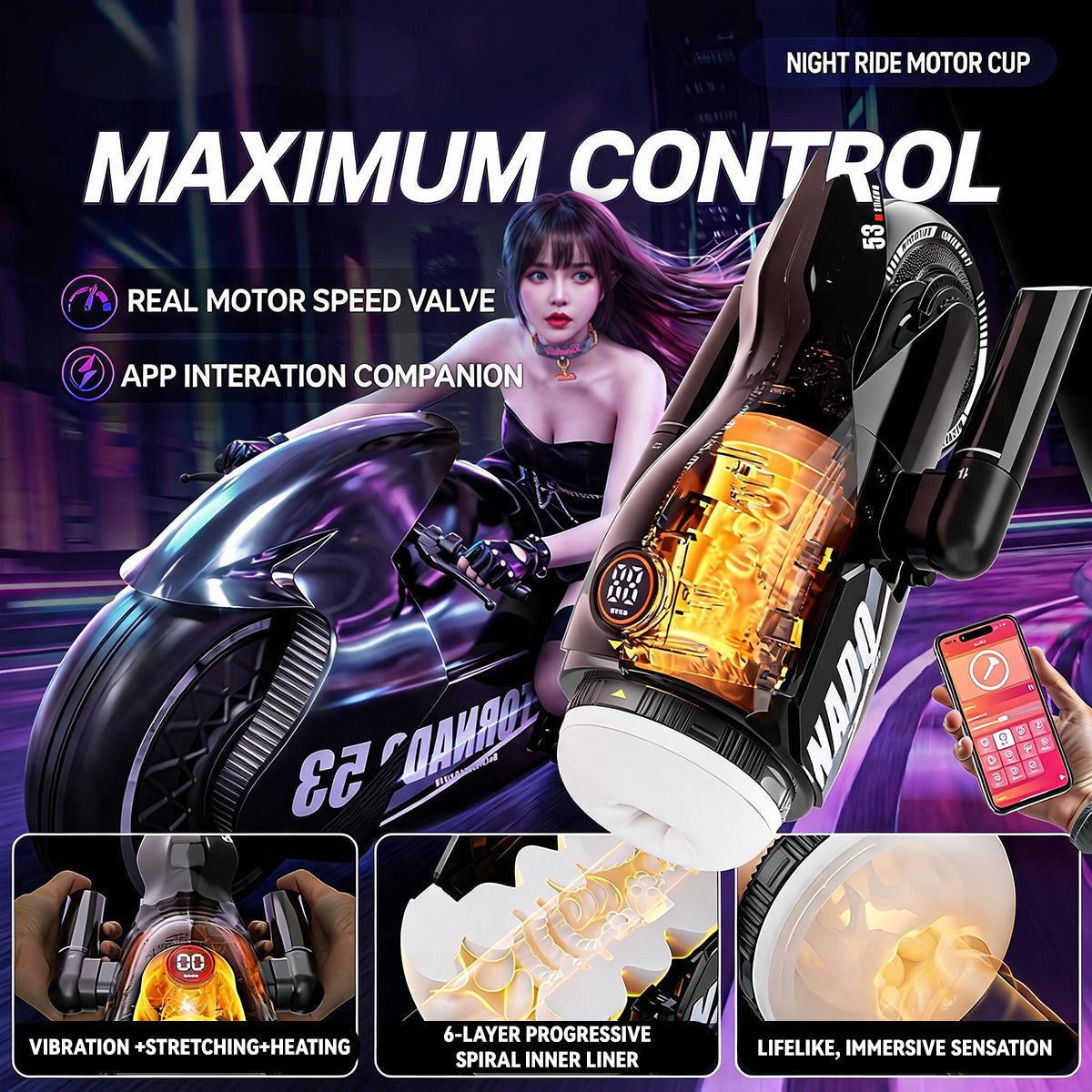 Tornado Night Ride Heavy-Duty Motorized Telescopic Masturbator Cup